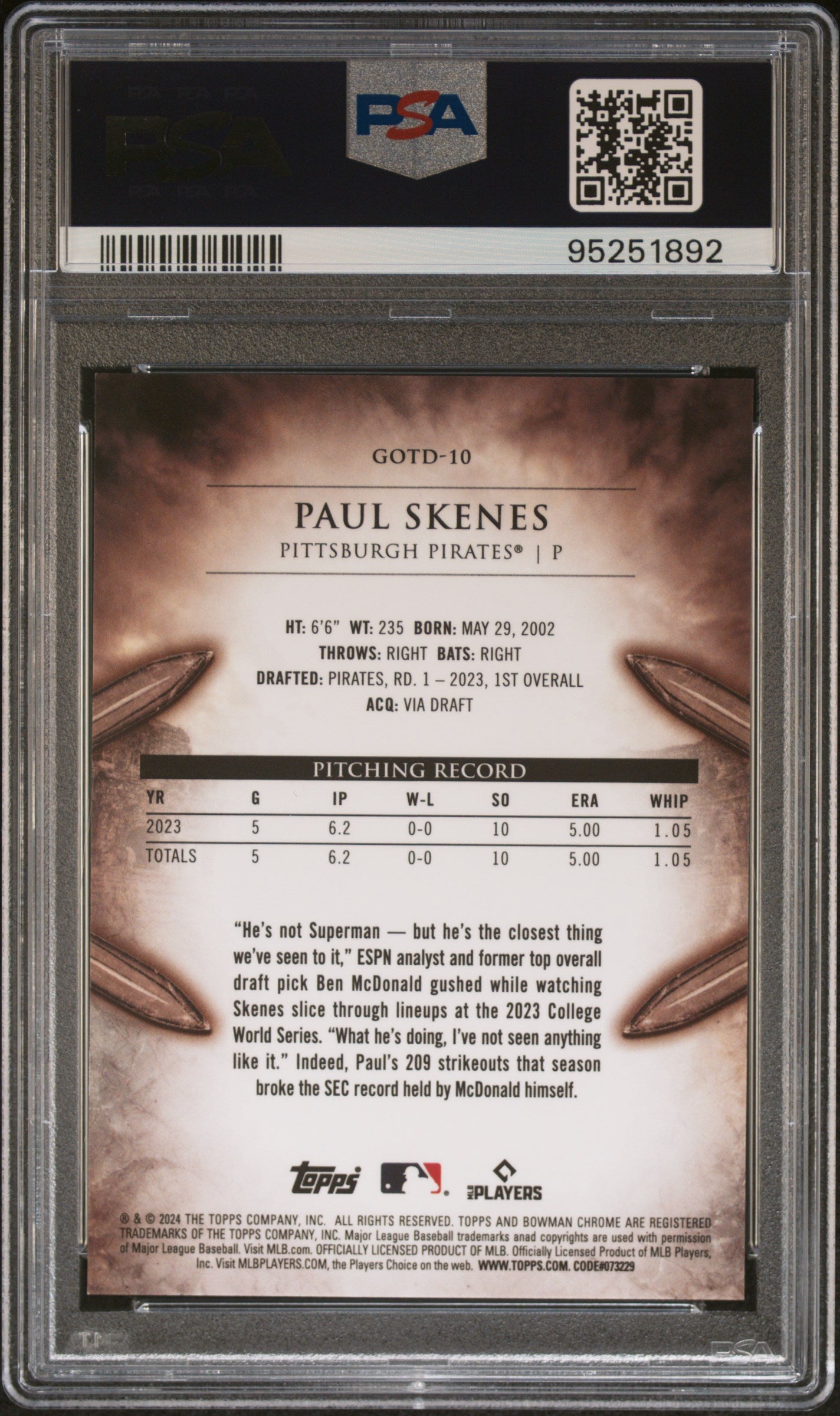 2024 Bowman Paul Skenes Gladiator of the Diamond PSA 10 RC