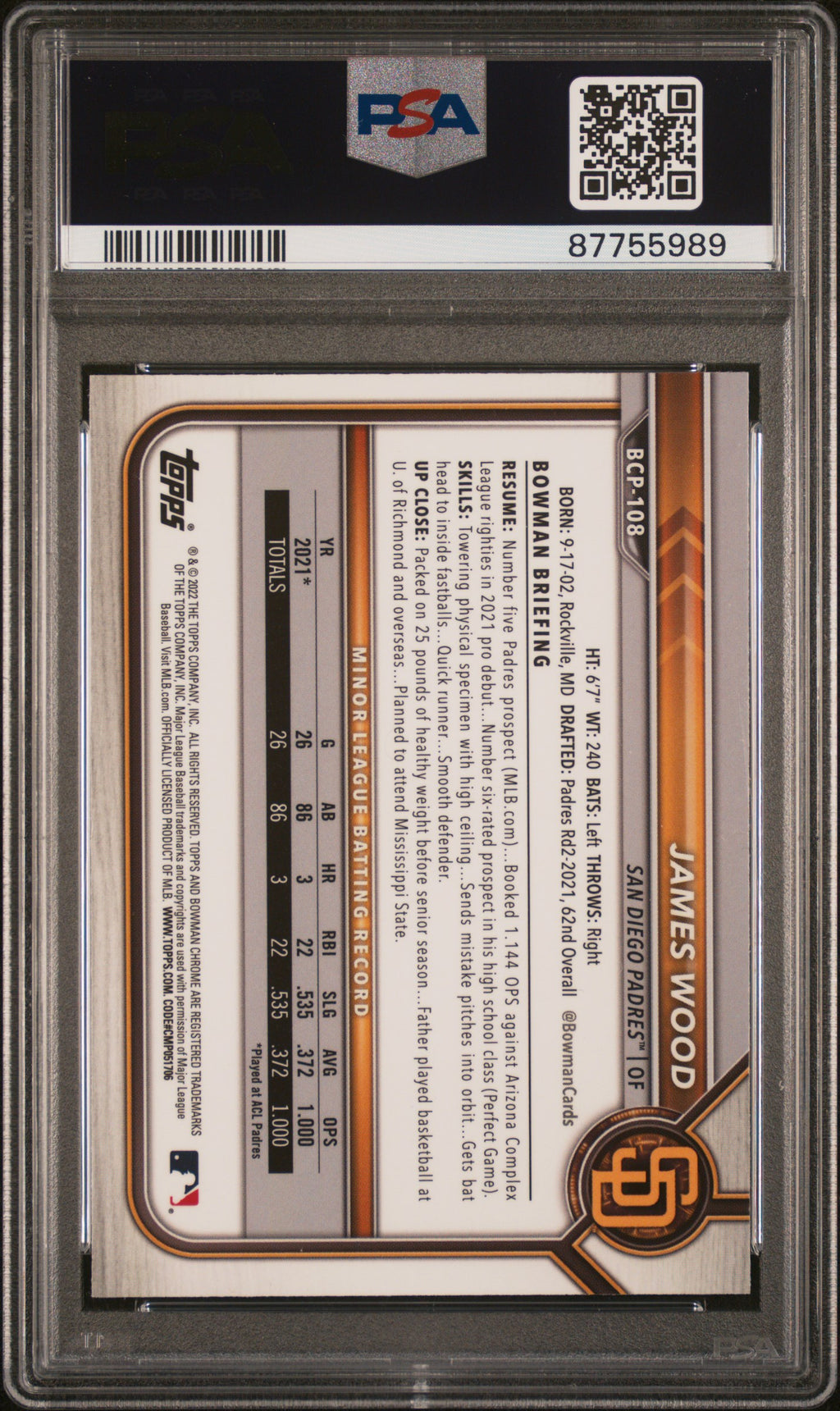 2022 Bowman Chrome Prospects James Wood #BCP108 PSA 10