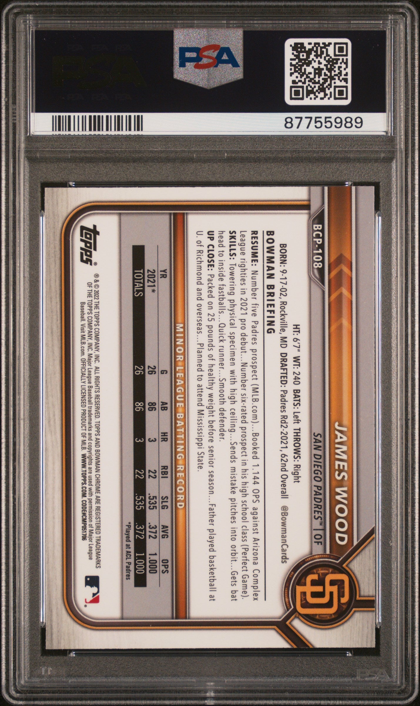 2022 Bowman Chrome Prospects James Wood #BCP108 PSA 10