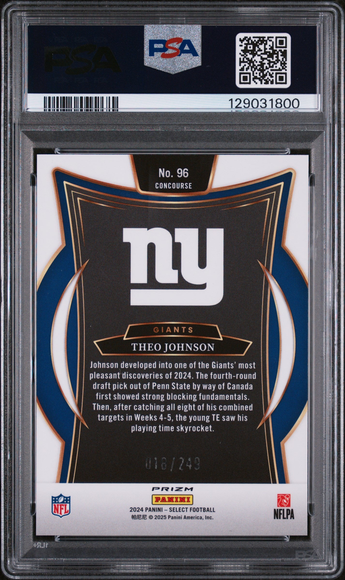2024 Select Theo Johnson Rookie Blue Prizm 18/249 PSA 9 RC