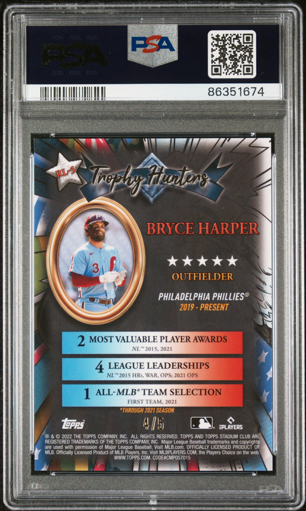 2022 Topps Stadium Club Chrome Bryce Harper Trophy Hunters Red Refractor 4/5 PSA 10