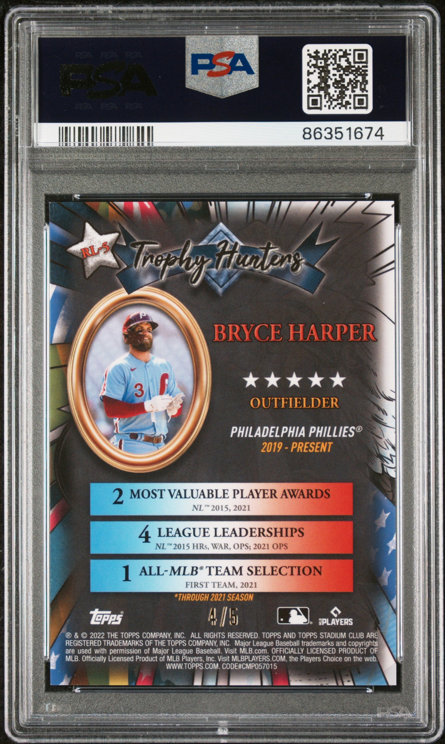 2022 Topps Stadium Club Chrome Bryce Harper Trophy Hunters Red Refractor 4/5 PSA 10