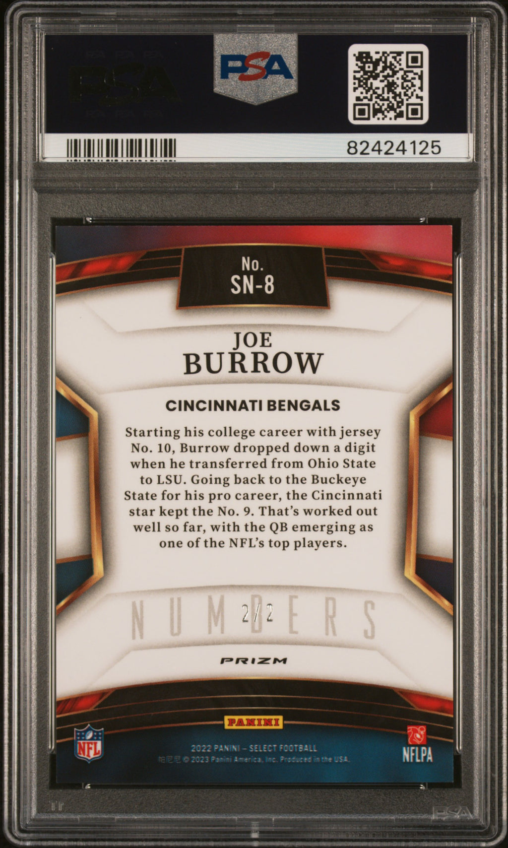 2022 Select Joe Burrow Numbers Green Black Snake 2/2 PSA 9