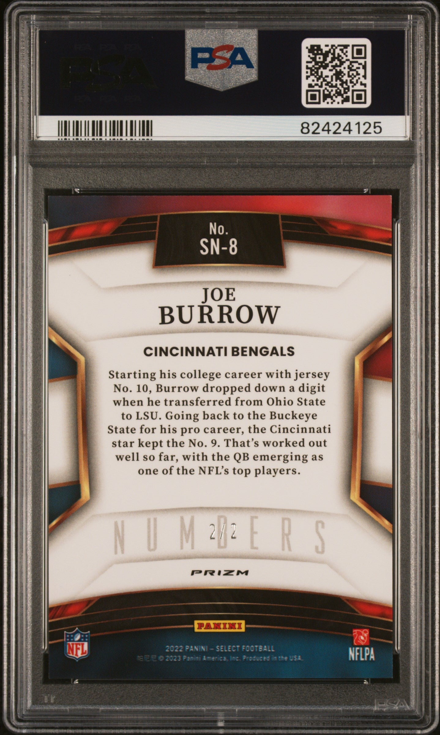2022 Select Joe Burrow Numbers Green Black Snake 2/2 PSA 9