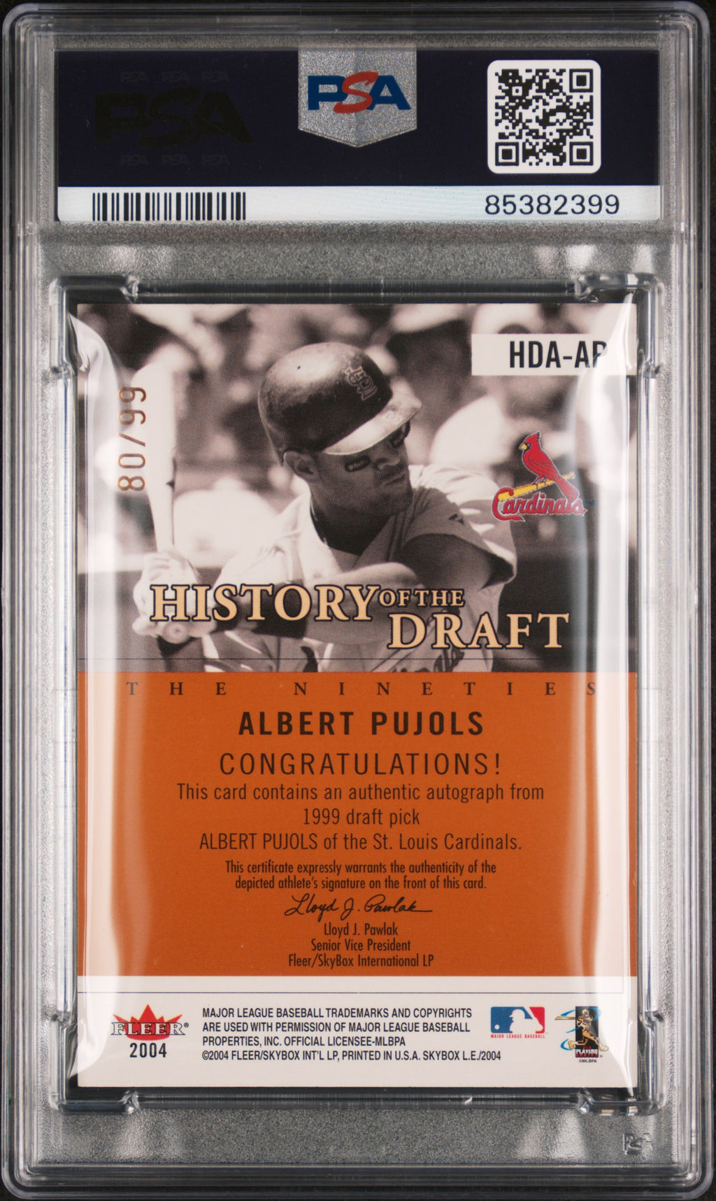 2004 Skybox L.E. History Of The Draft Autograph Albert Pujols #HDAAP Copper / PSA 9