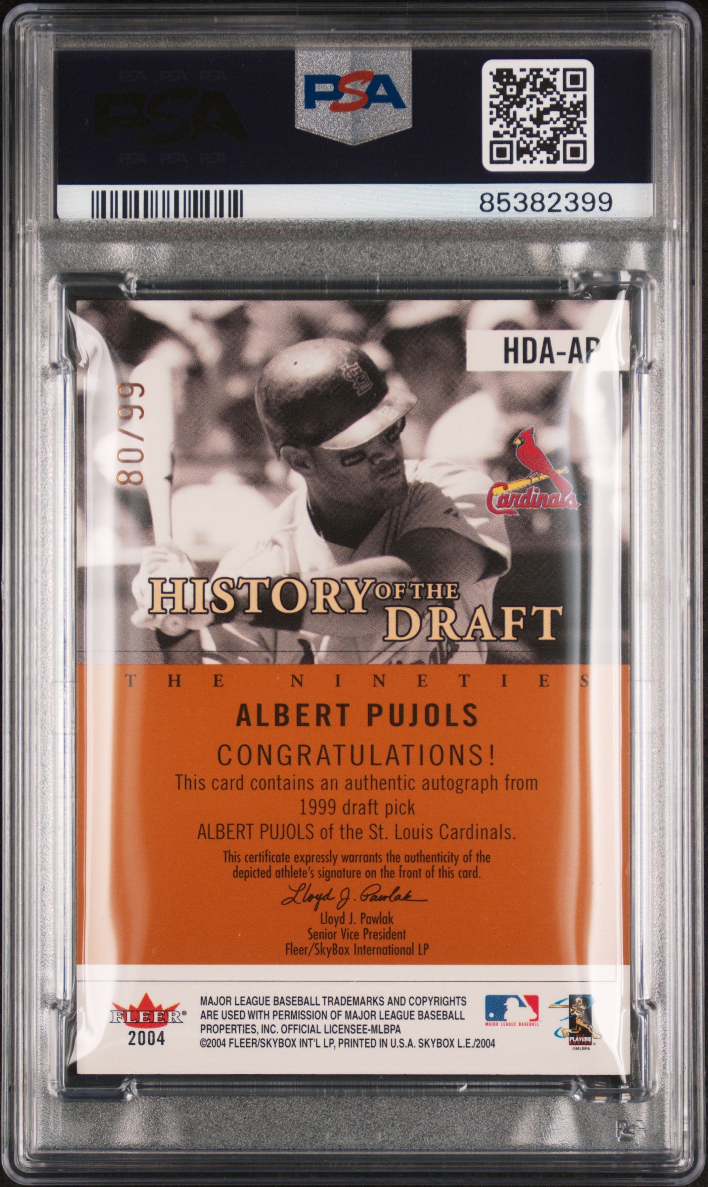 2004 Skybox L.E. History Of The Draft Autograph Albert Pujols #HDAAP Copper / PSA 9