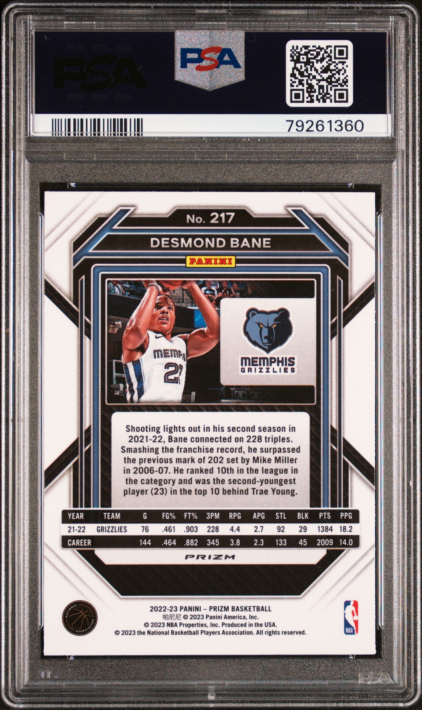 2022 Panini Prizm Desmond Bane #217 White Sparkle PSA 9