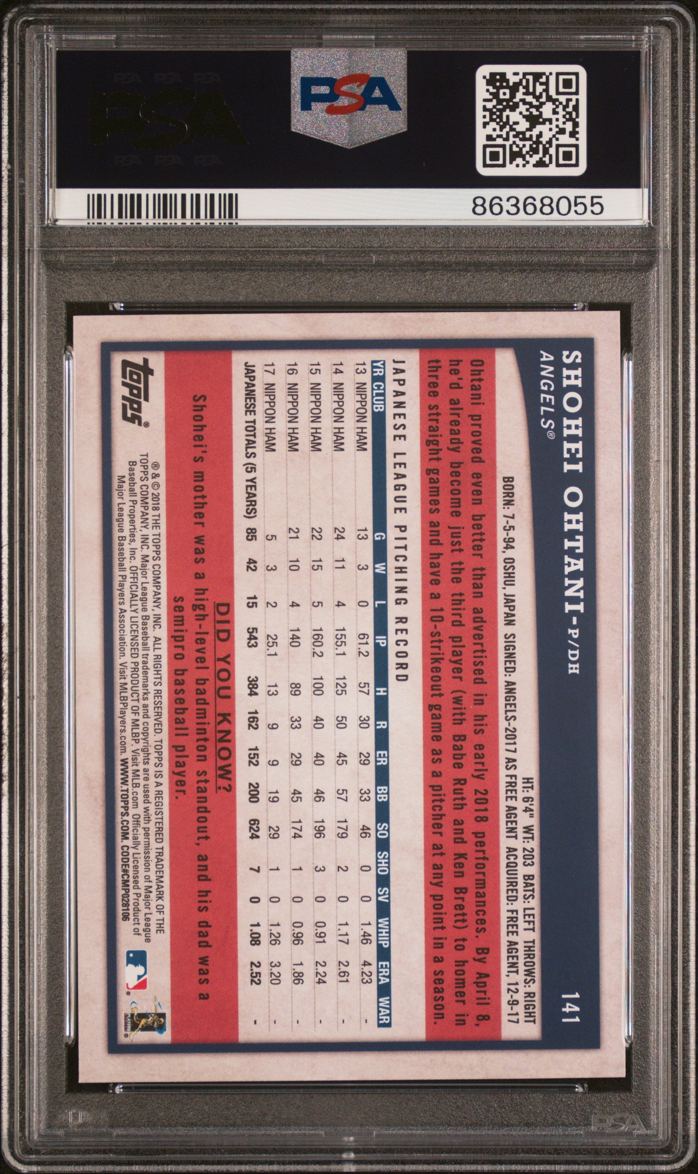 2018 Topps Big League Shohei Ohtani Rookie PSA 10 RC 2018 Topps Big League Shohei Ohtani #141 PSA 10