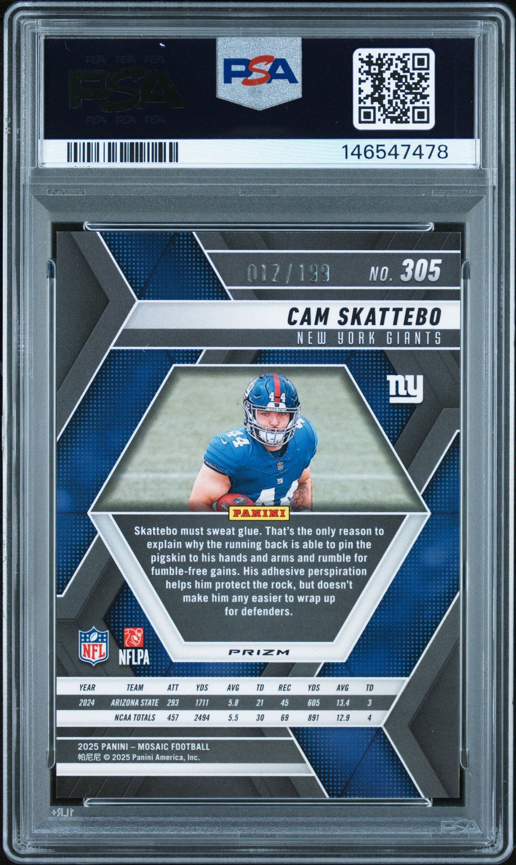 2025 Mosaic Cam Skattebo Rookie Orange 12/199 PSA 10 RC