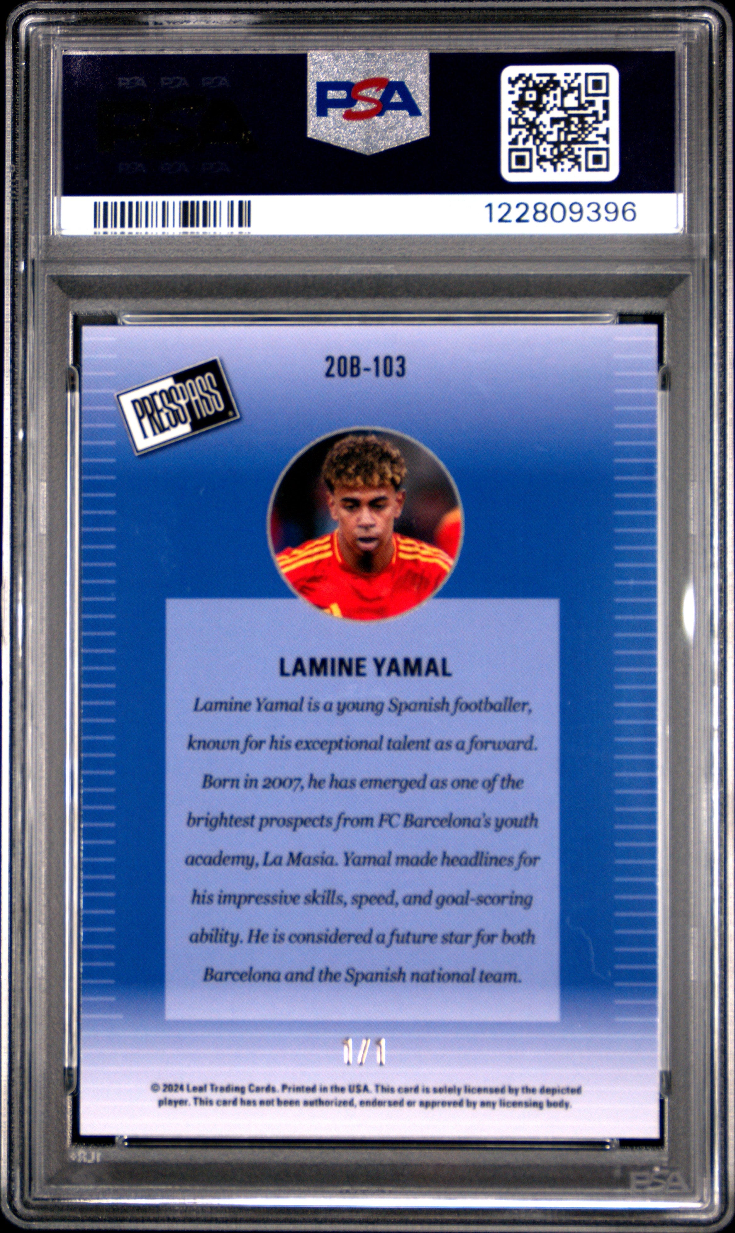 2024 Leaf Collective Lamine Yamal '00 Press Pass Orange Shimmer 1/1 PSA 7