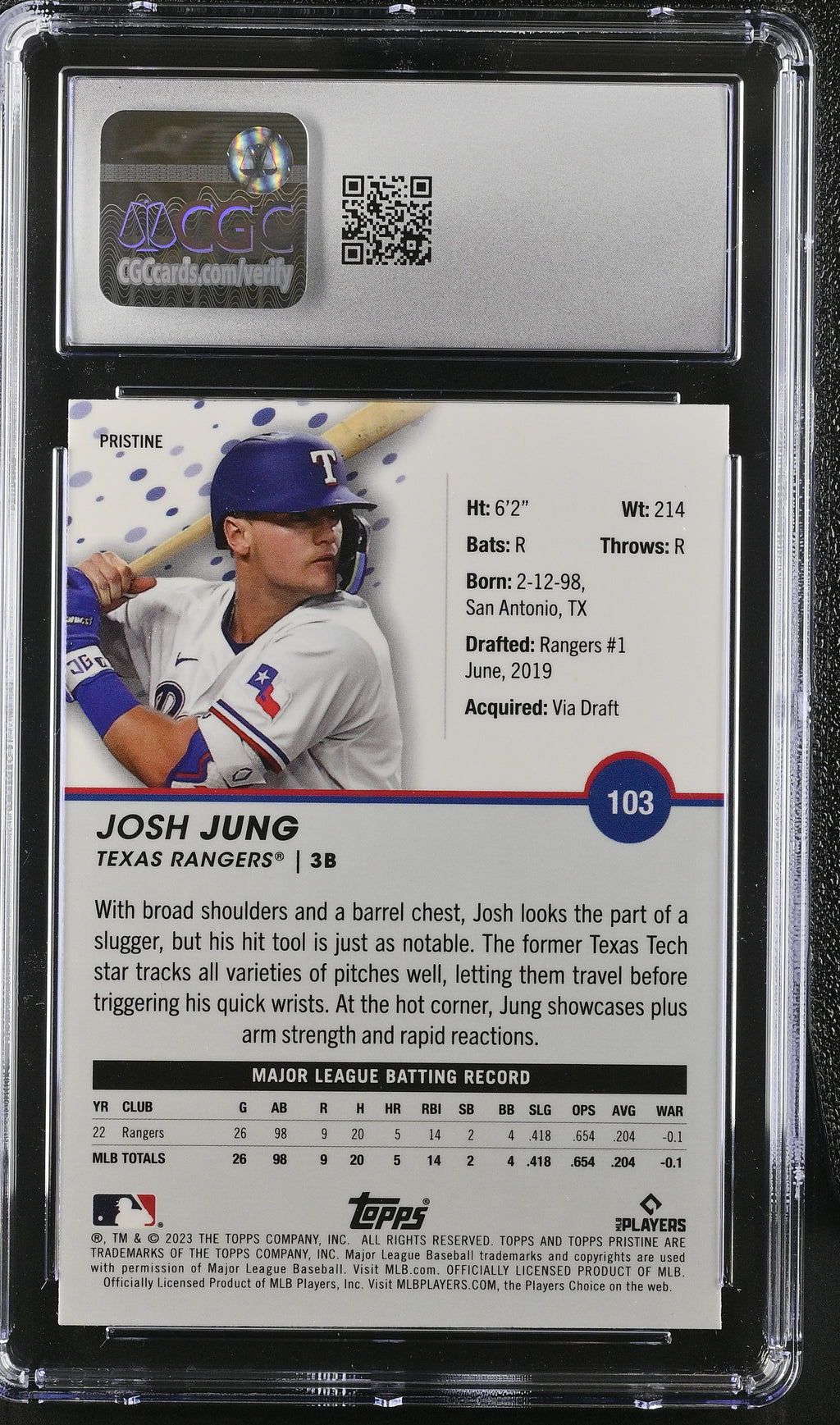 2023 Topps Pristine Josh Jung Rookie Pristine Refractor CGC 10 RC