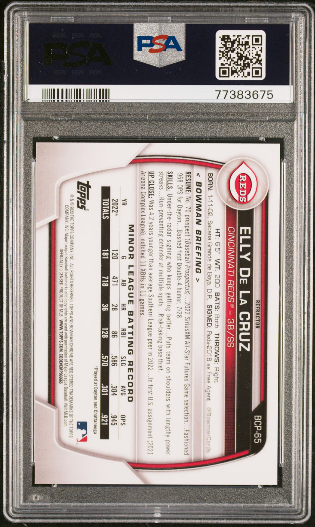 2023 Bowman Elly De La Cruz Chrome Prospects Refractor PSA 8