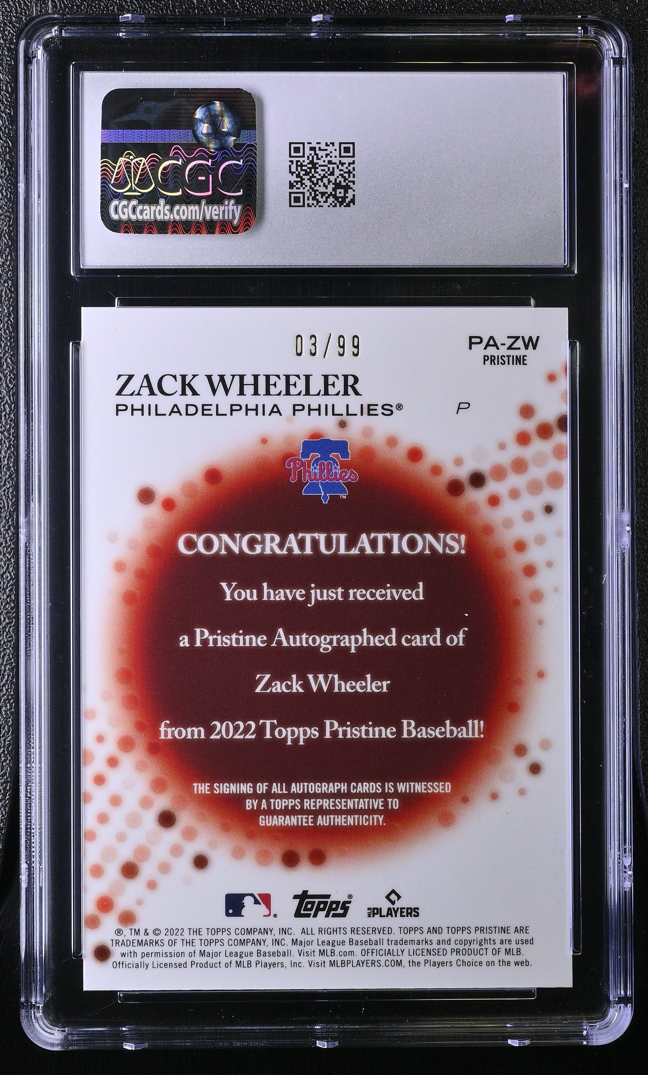 2022 Topps Pristine Zack Wheeler Pristine Refractor Auto 3/99 CGC 10 Auto 10