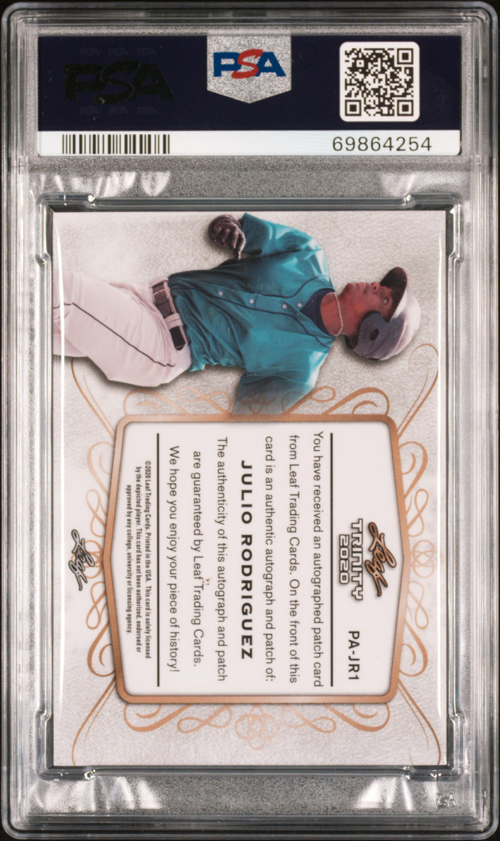 2020 Leaf Trinity Julio Rodriguez Green Patch Auto 27/50 PSA 9