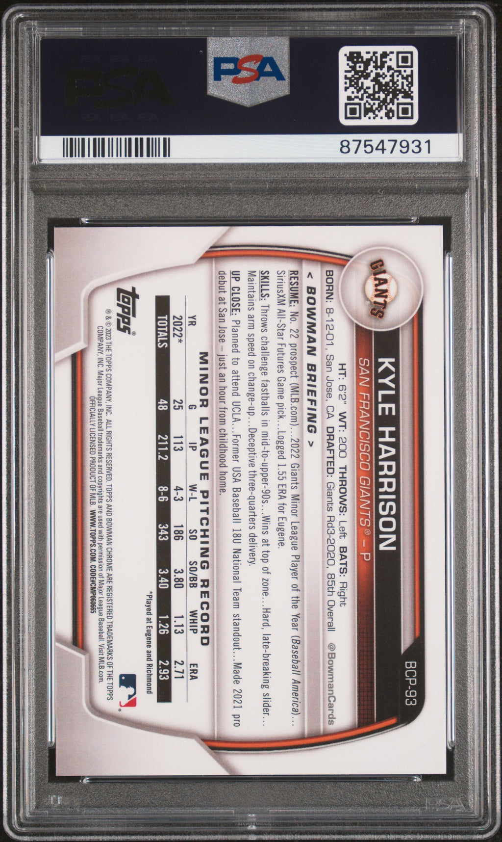 2023 Bowman Kyle Harrison Chrome Prospects Rose Gold Refractor 10/10 PSA 10