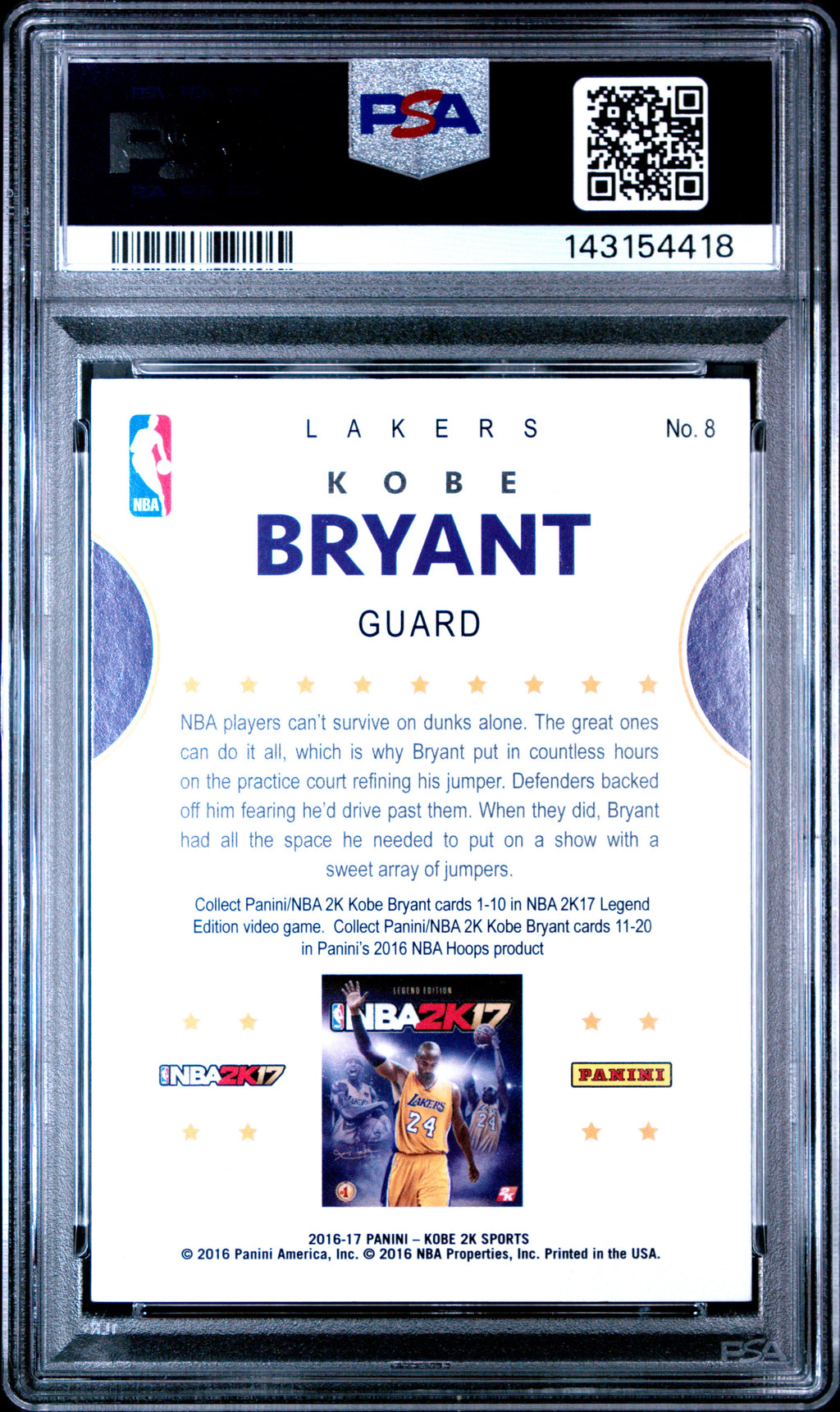 2016 Panini Hoops Kobe Bryant Kobe 2k17 Hoops PSA 9