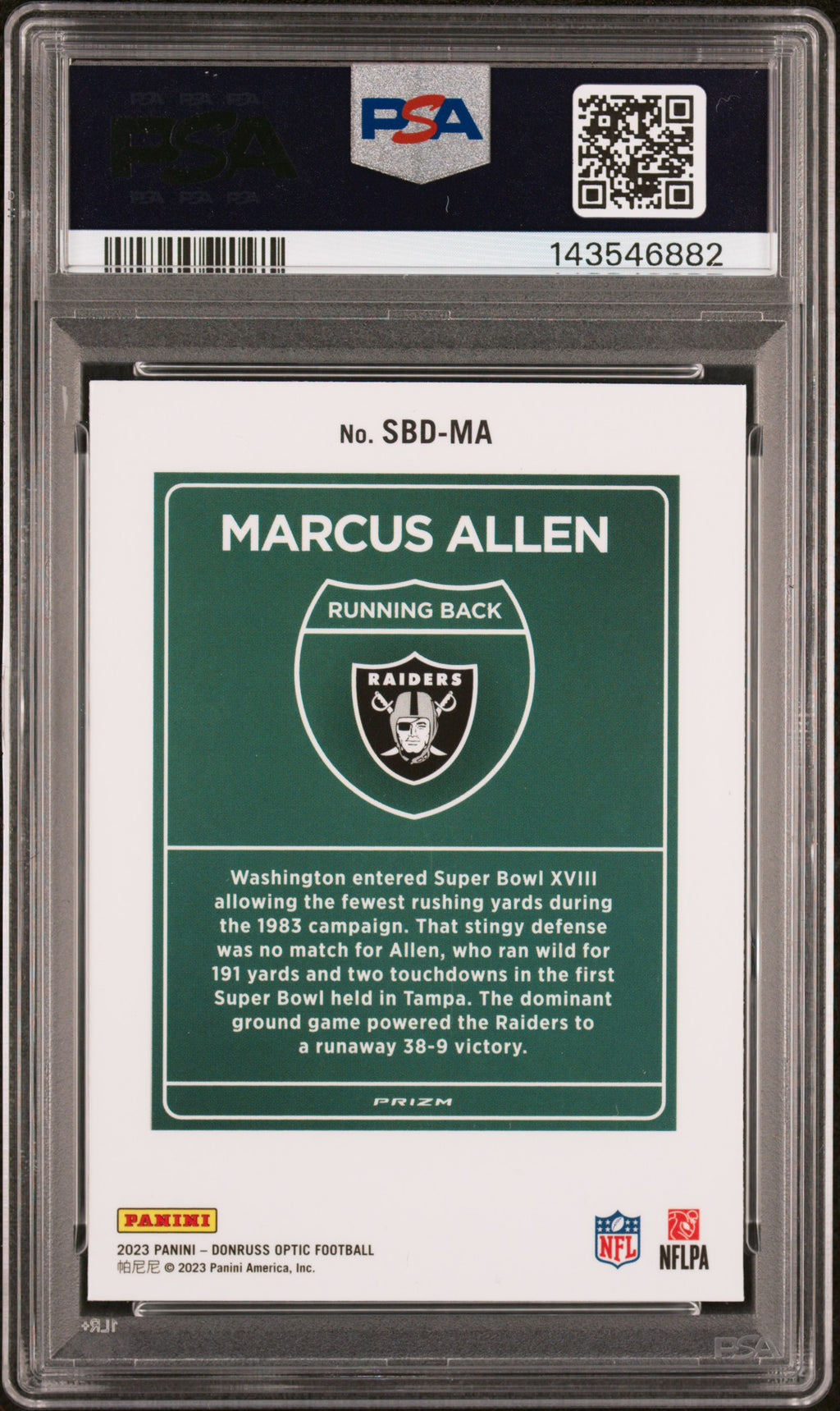 2023 Panini Donruss Optic Super Bowl Downtown Marcus Allen #SBDMA PSA 9