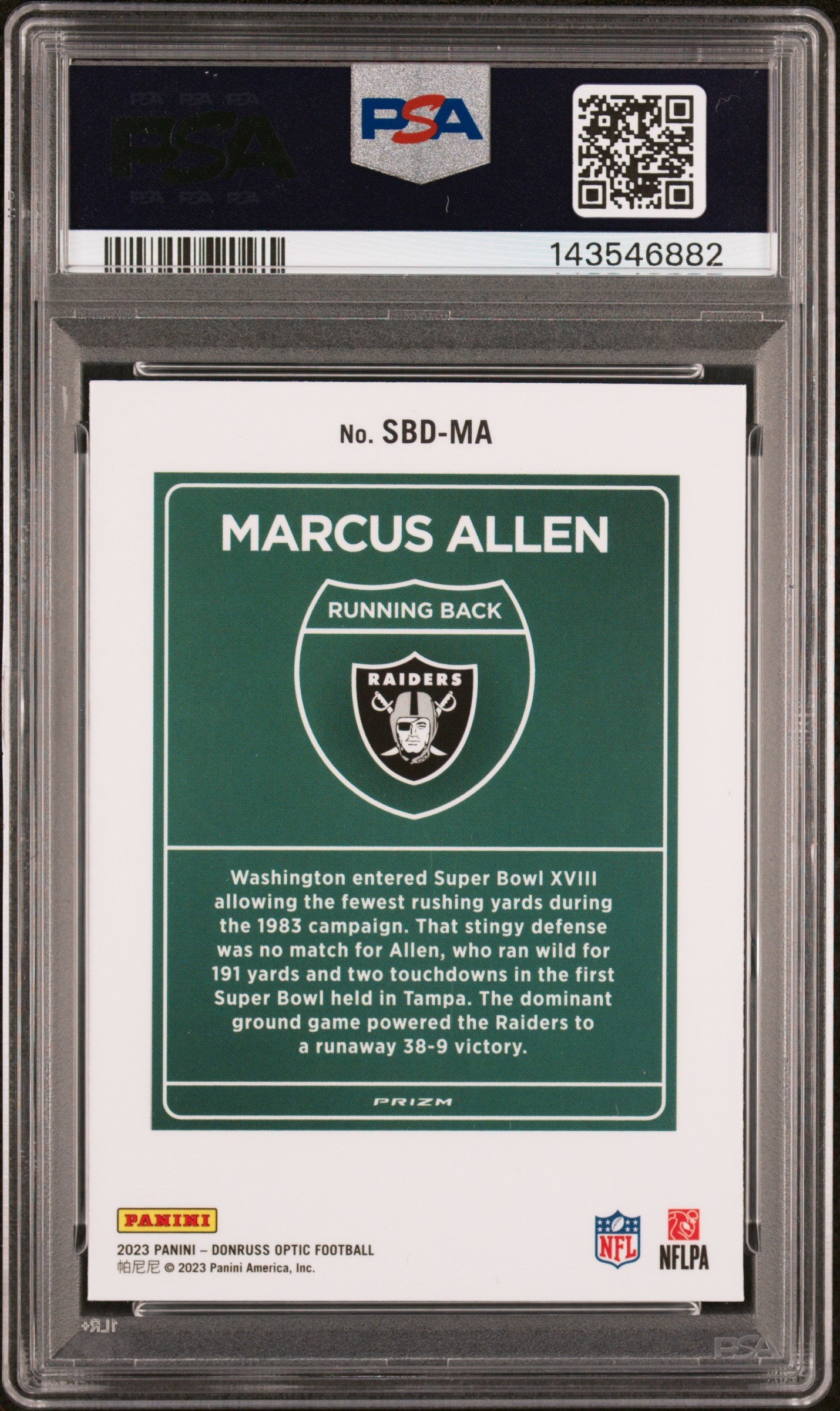 2023 Panini Donruss Optic Super Bowl Downtown Marcus Allen #SBDMA PSA 9