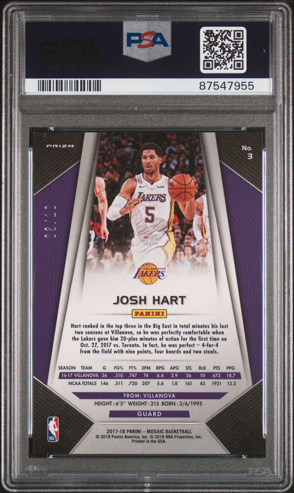 2017 Prizm Josh Hart Rookie Gold Mosaic 3/10 PSA 10