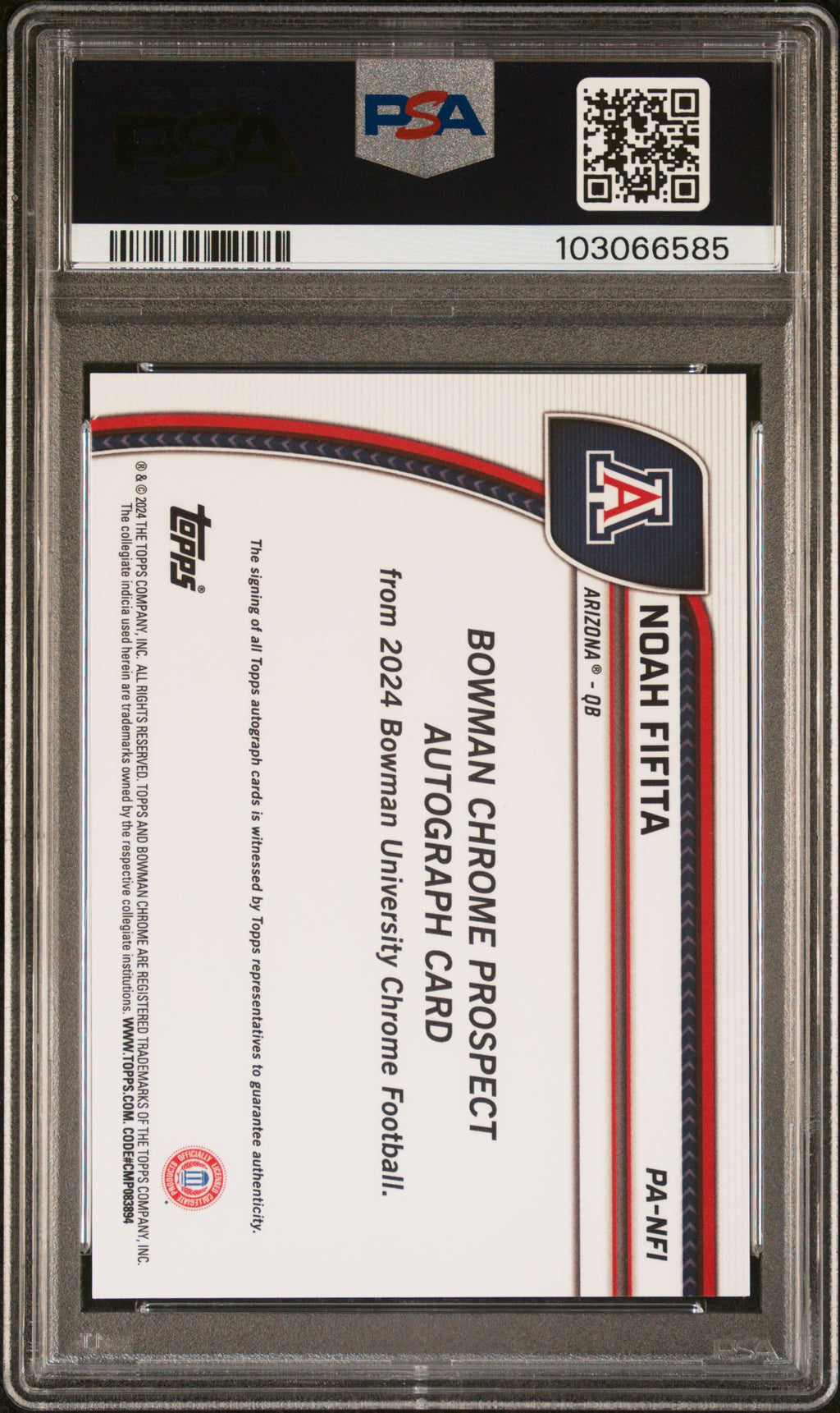 2024 Bowman University Chrome Bowman Chrome Prospect Autographs Noah Fifita #PANFI Yellow Ref PSA 10