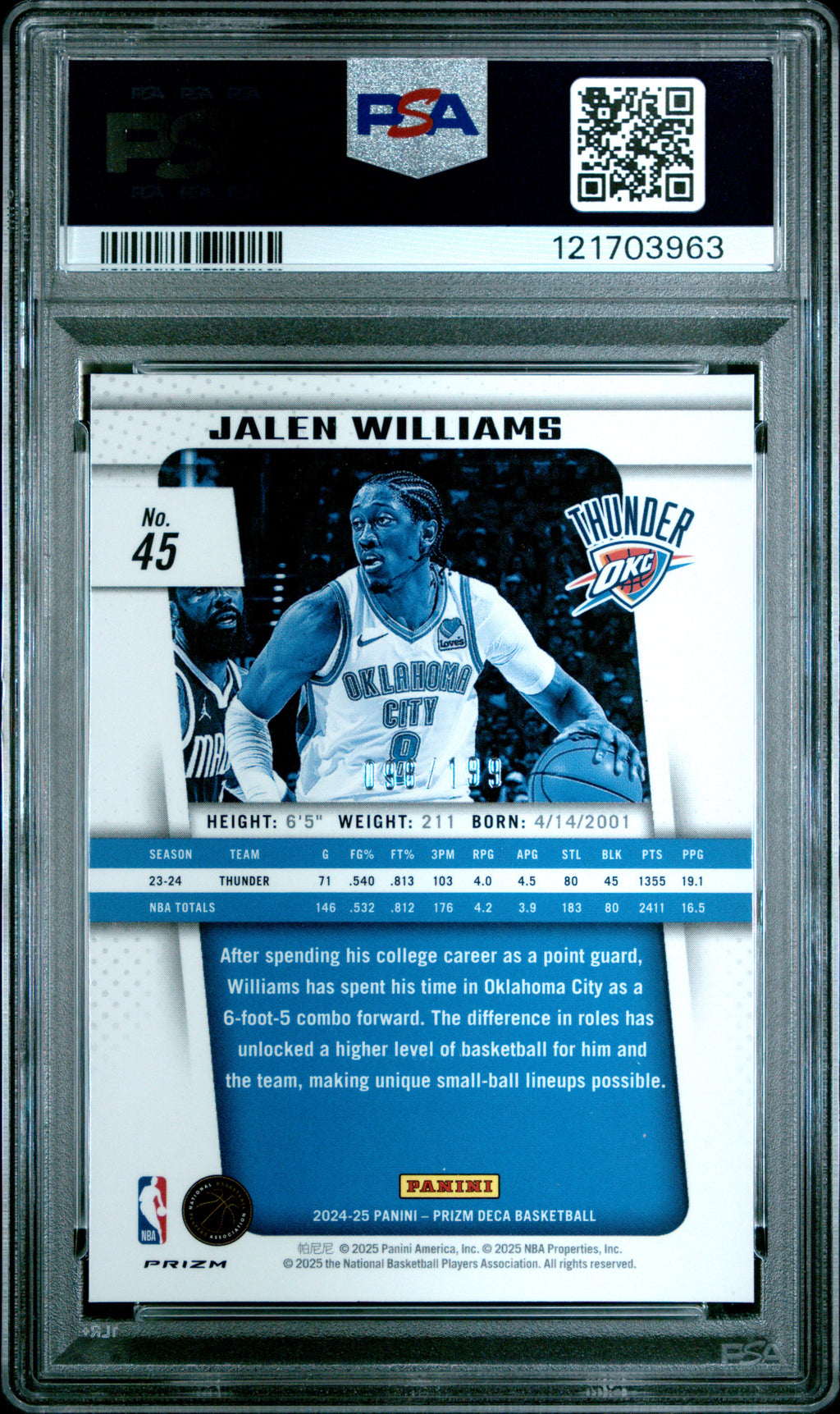 2024 Prizm Deca Jalen Williams Red Prizm 96/199 PSA 10