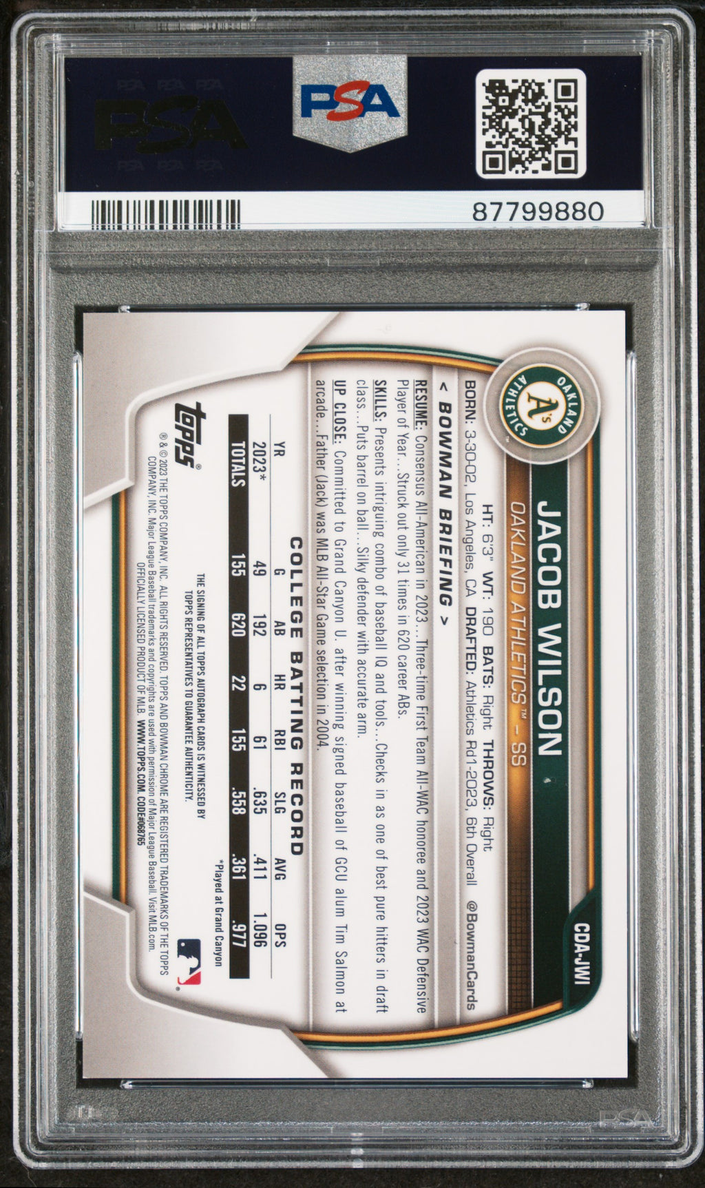 2023 Bowman Draft Jacob Wilson Chrome Prospect Auto PSA 9