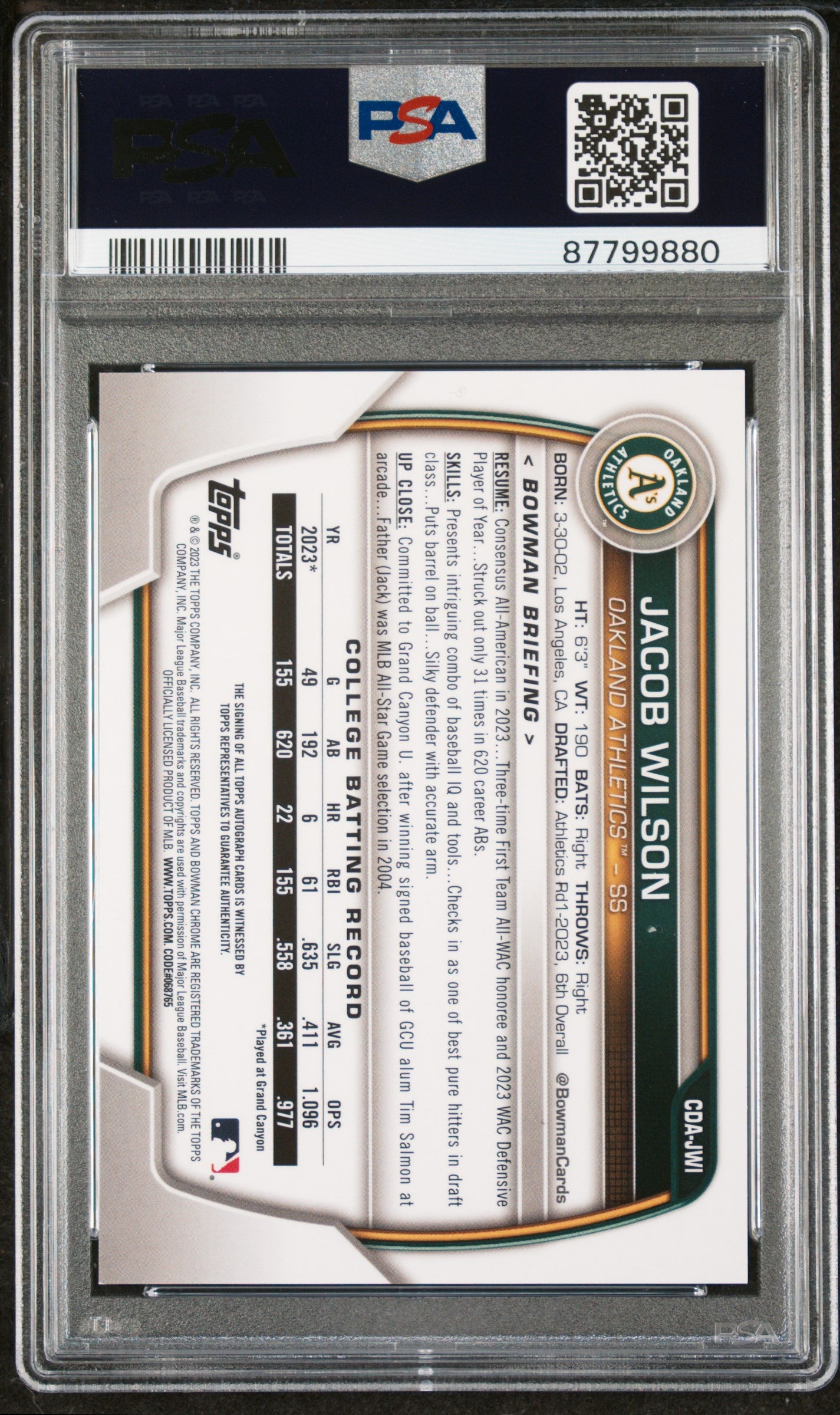 2023 Bowman Draft Jacob Wilson Chrome Prospect Auto PSA 9