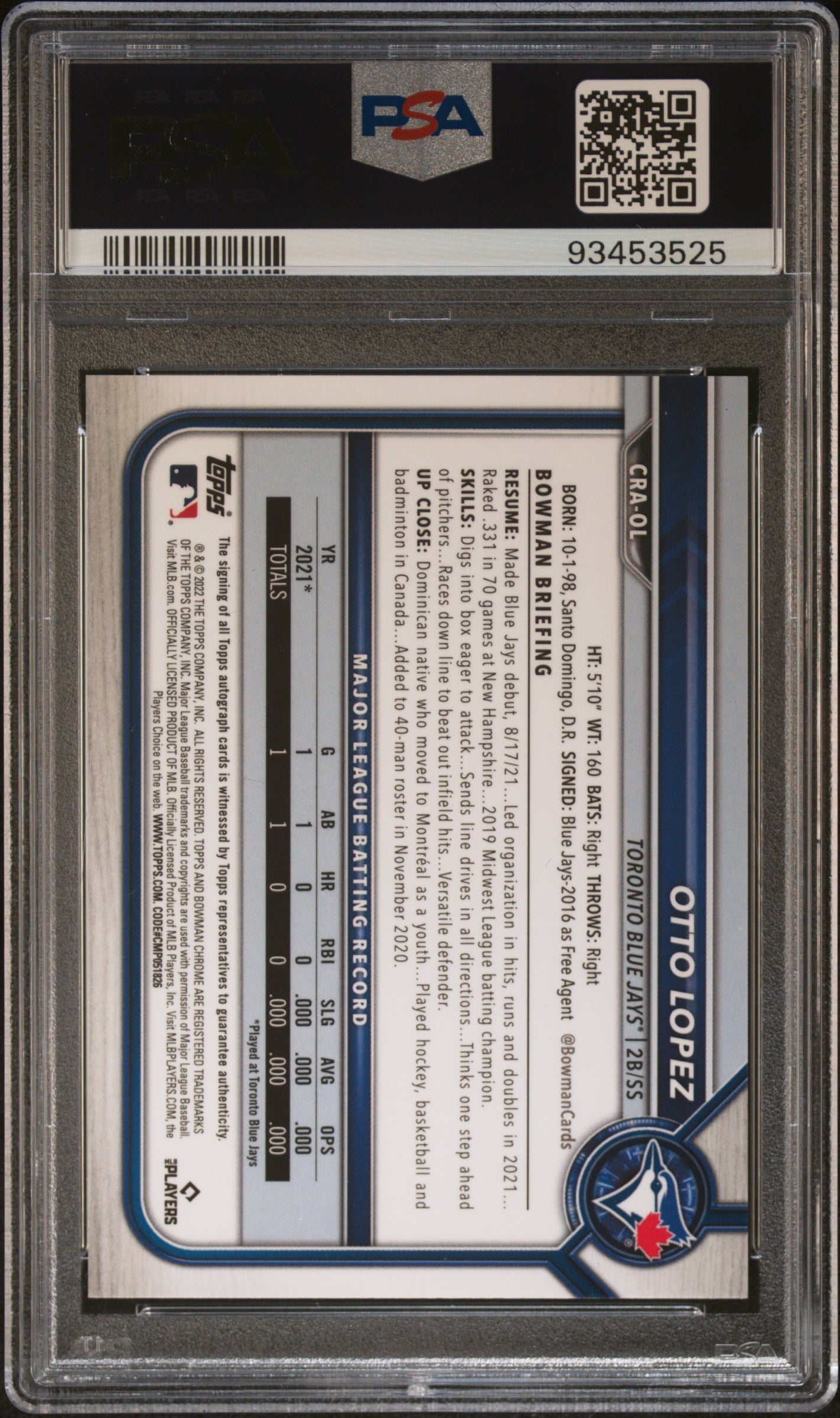 2022 Bowman Otto Lopez Rookie Orange Refractor Auto 10/25 PSA 10 RC