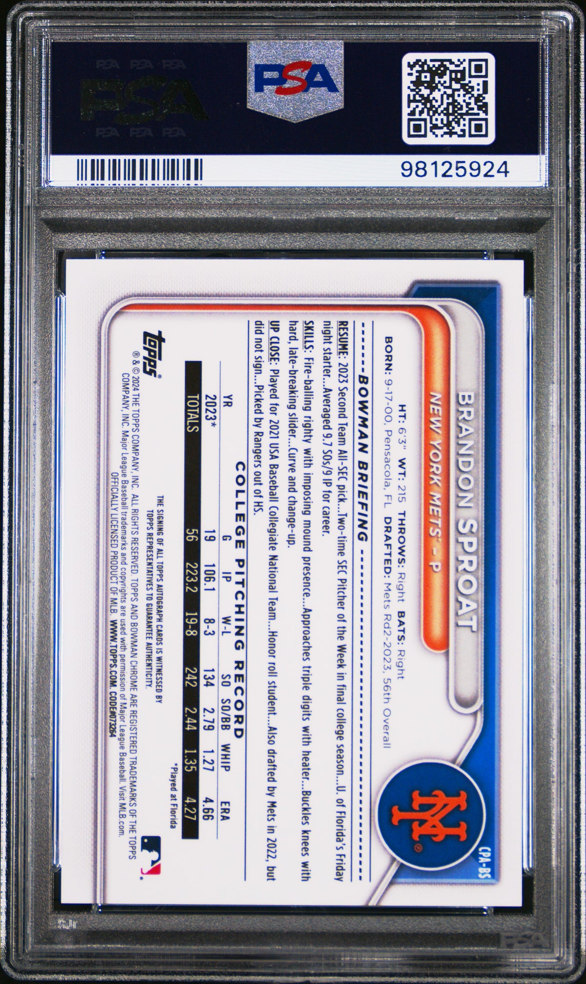 2024 Bowman Chrome Brandon Sproat Prospect Auto Green Ref PSA 10