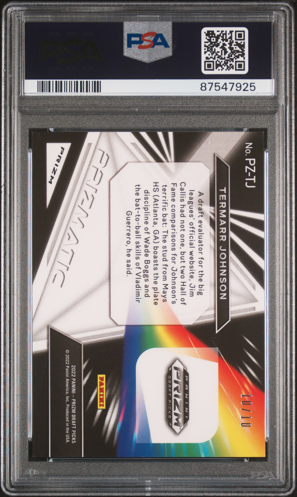 2022 Prizm Draft Picks Termarr Johnson Prizmatic Gold 10/10 PSA 10