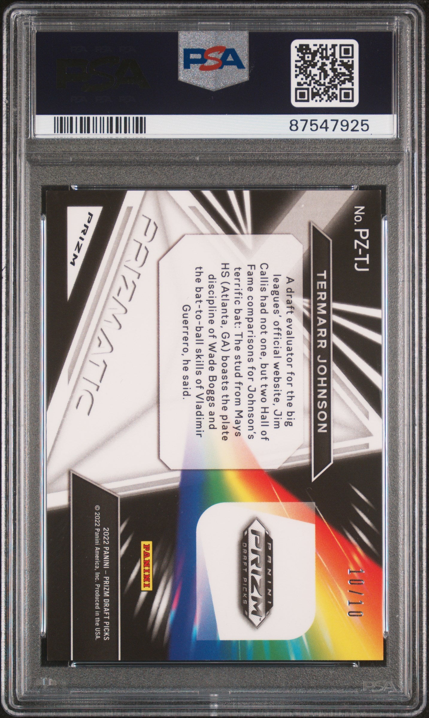 2022 Prizm Draft Picks Termarr Johnson Prizmatic Gold 10/10 PSA 10