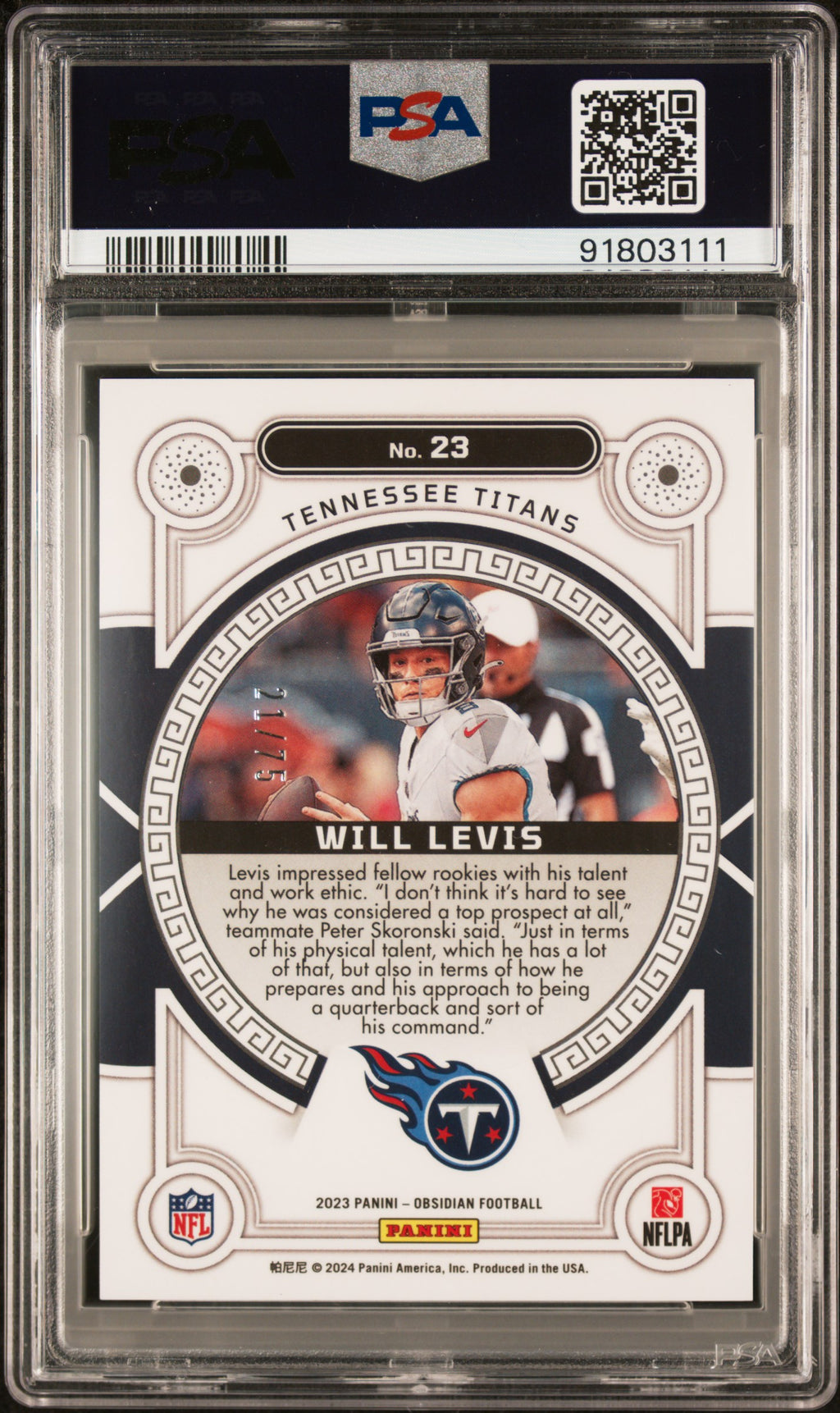 2023 Obsidian Will Levis Orbital Rookie Electric Etch Purple /75 PSA 10 RC