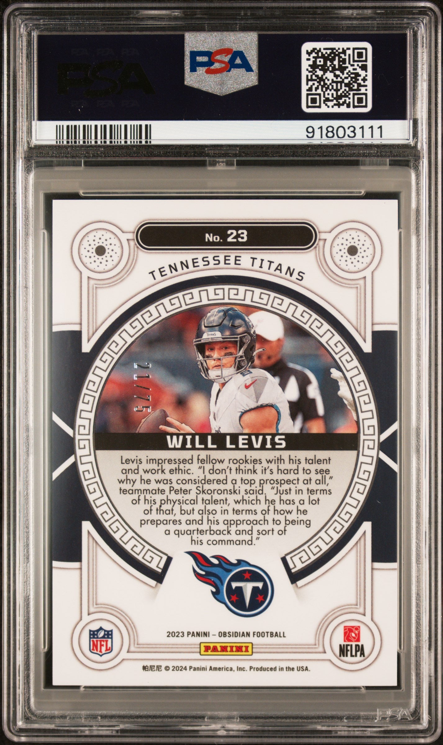2023 Obsidian Will Levis Orbital Rookie Electric Etch Purple /75 PSA 10 RC