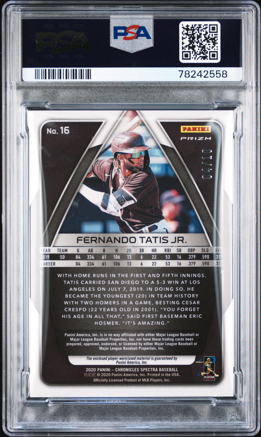 2020 Chronicles Fernando Tatis Jr. Specra Gold Dual Patch 4/10 PSA 10