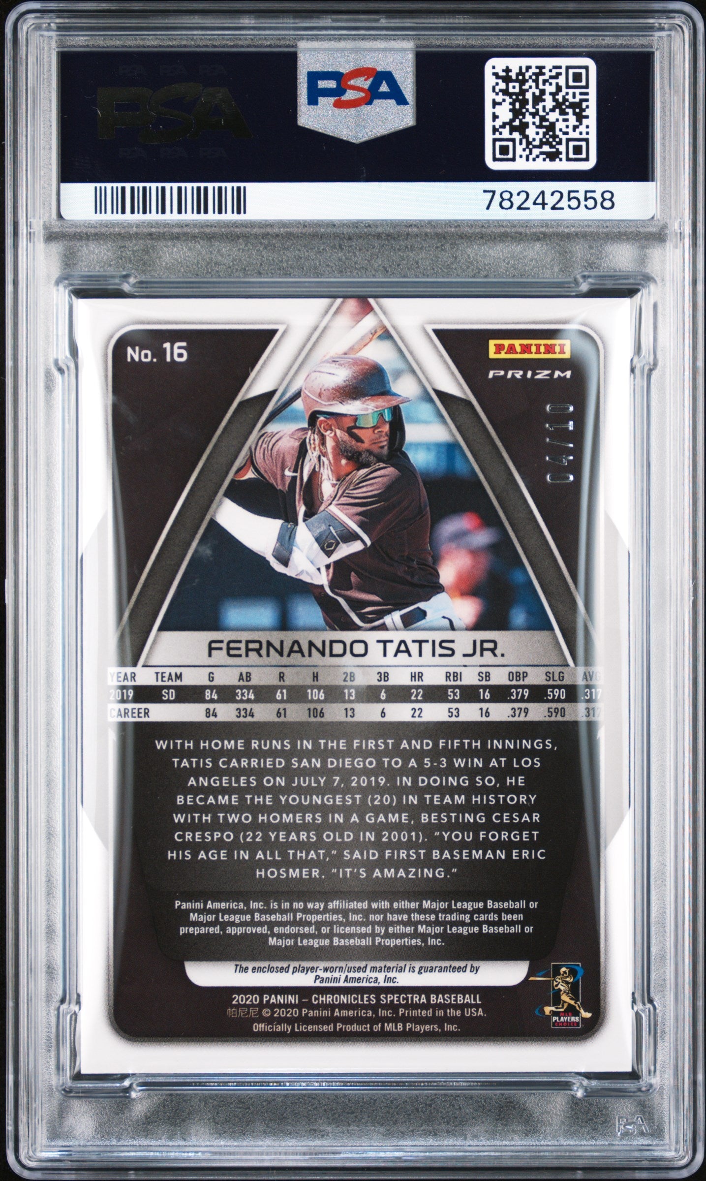 2020 Chronicles Fernando Tatis Jr. Specra Gold Dual Patch 4/10 PSA 10
