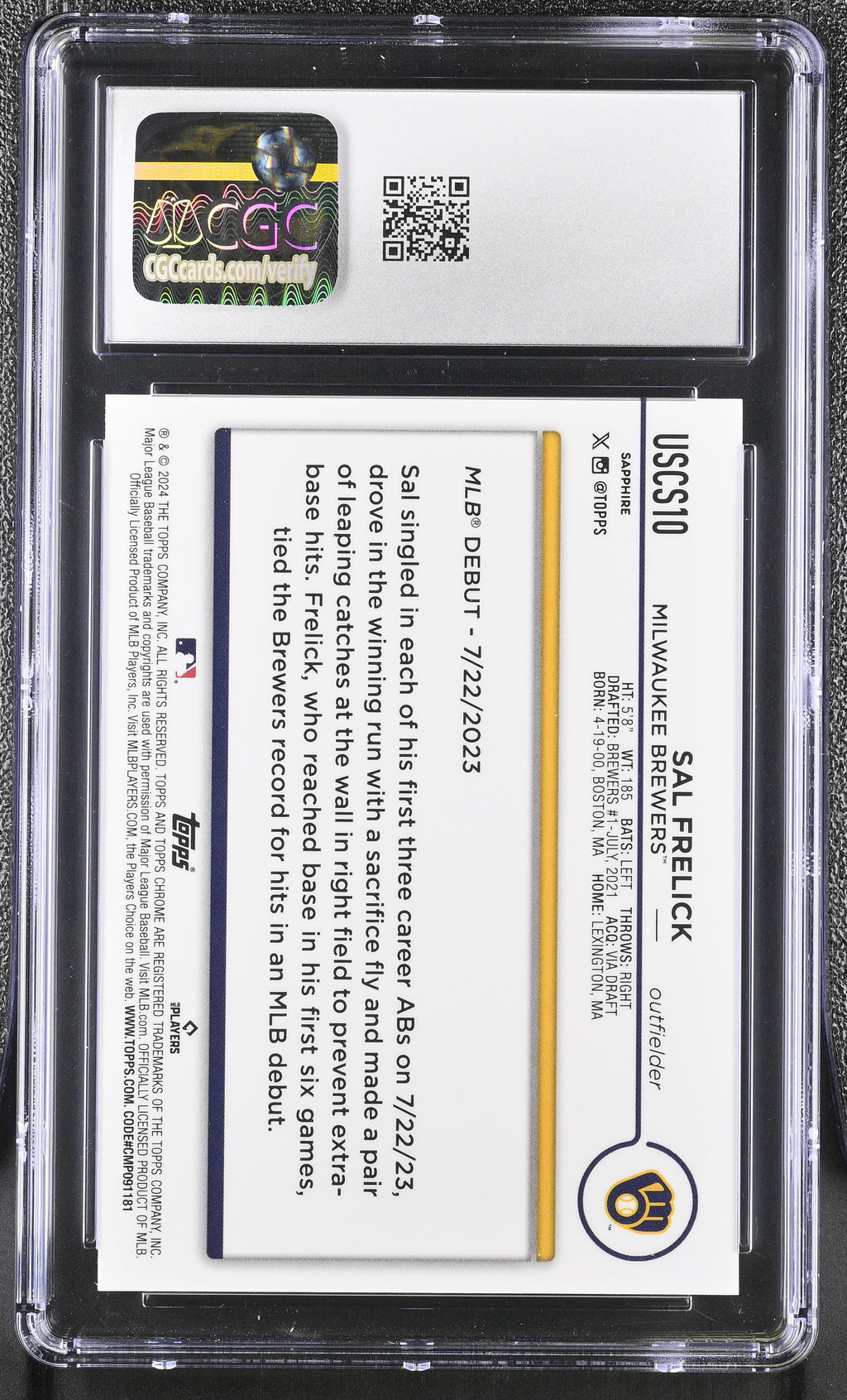 2024 Topps Chrome Update Sapphire Sal Frelick Rookie Black 10/10 CGC 8.5 RC