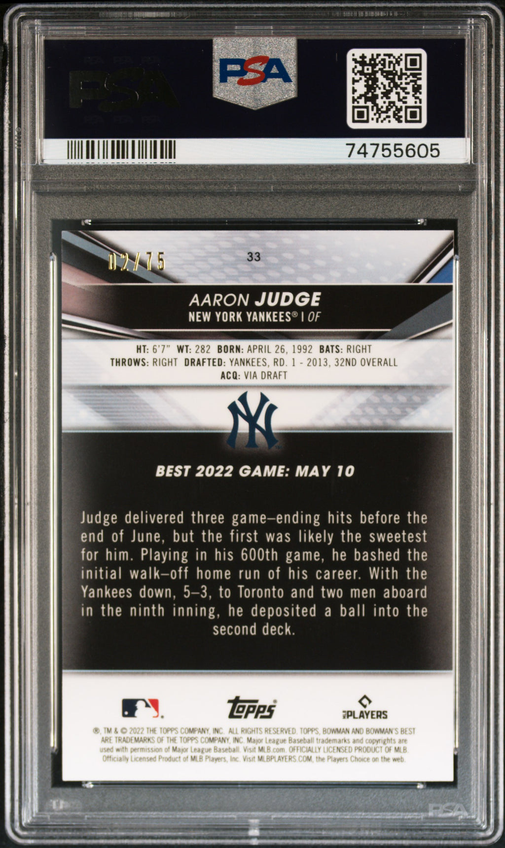 2022 Bowmans Best Aaron Judge Gold Lava Refractor 2/75 PSA 9