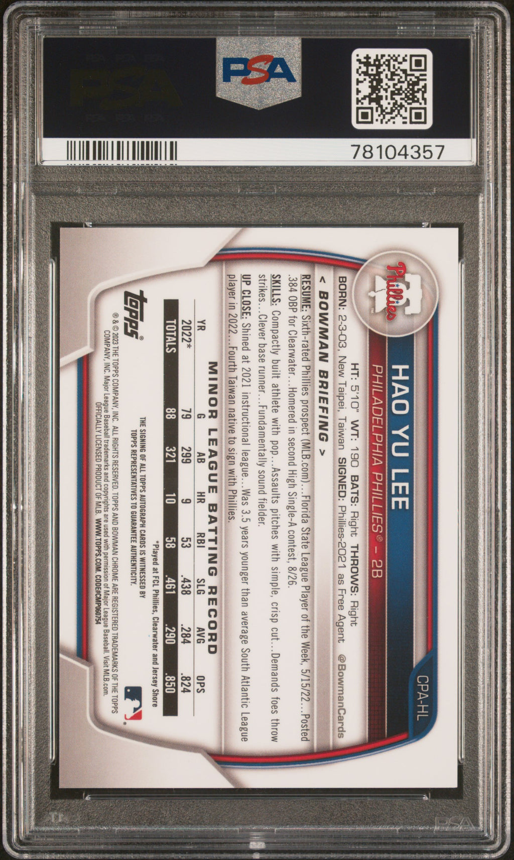 2023 Bowman Hao Yu Lee Chrome Prospect Speckle Refractor Auto 85/299 PSA 10