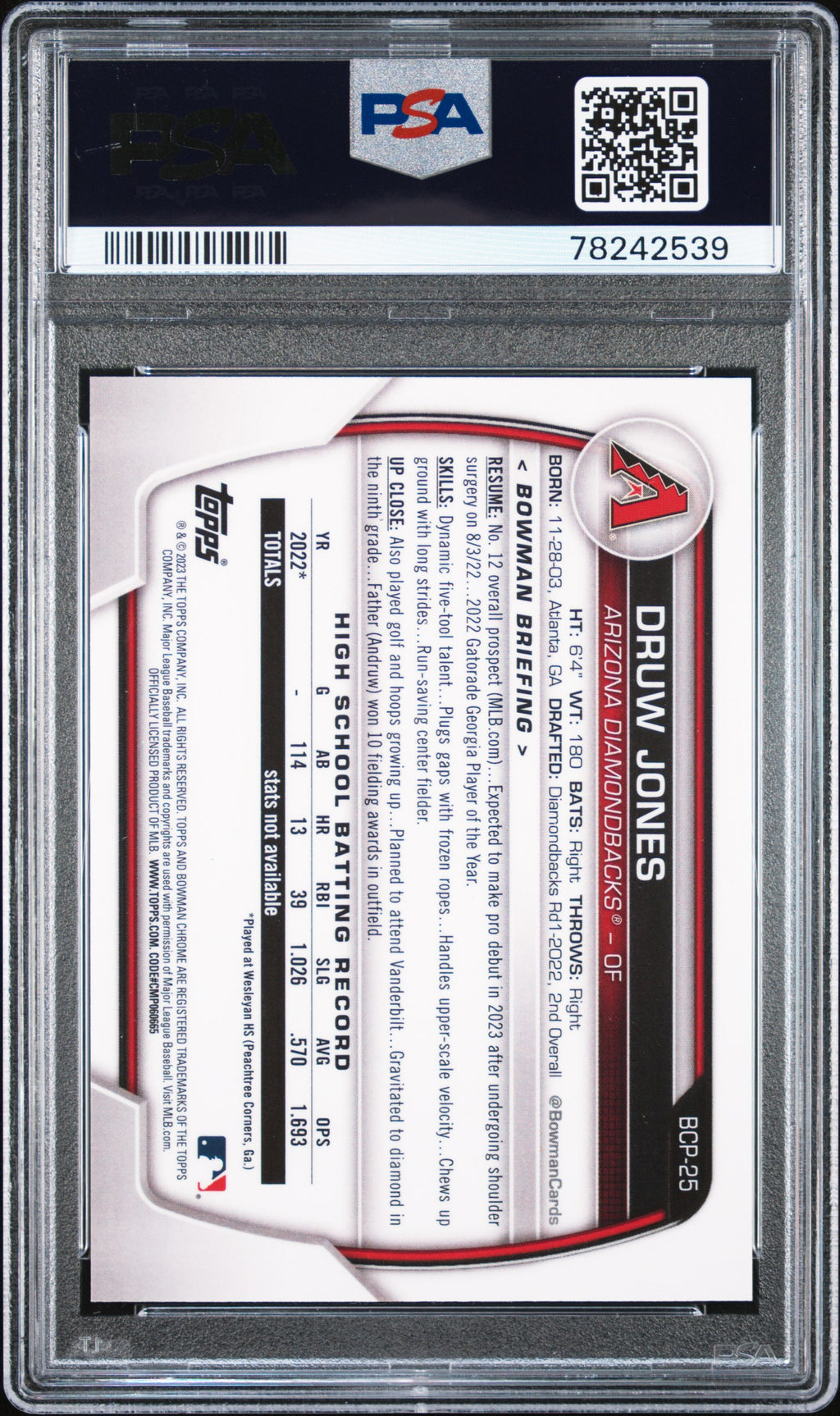 2023 Bowman Druw Jones Chrome Lava Refractor 359/399 PSA 10