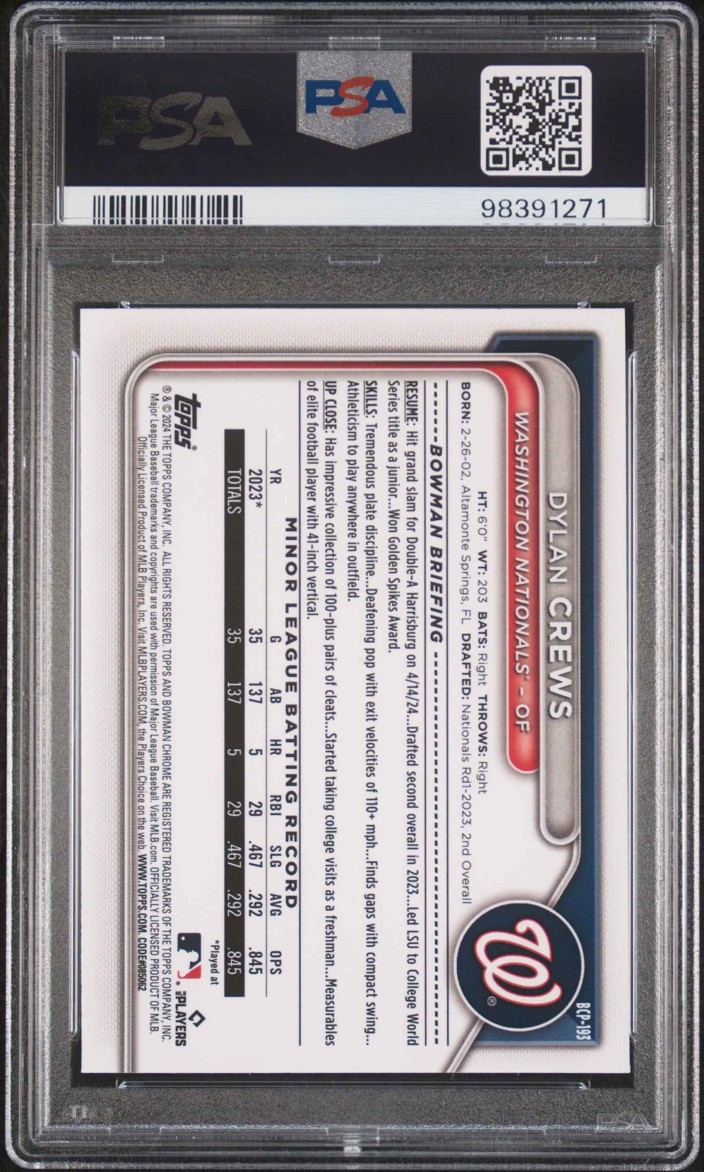 2024 Bowman Chrome Dylan Crews Prospects Speckle Ref 114/299 PSA 10