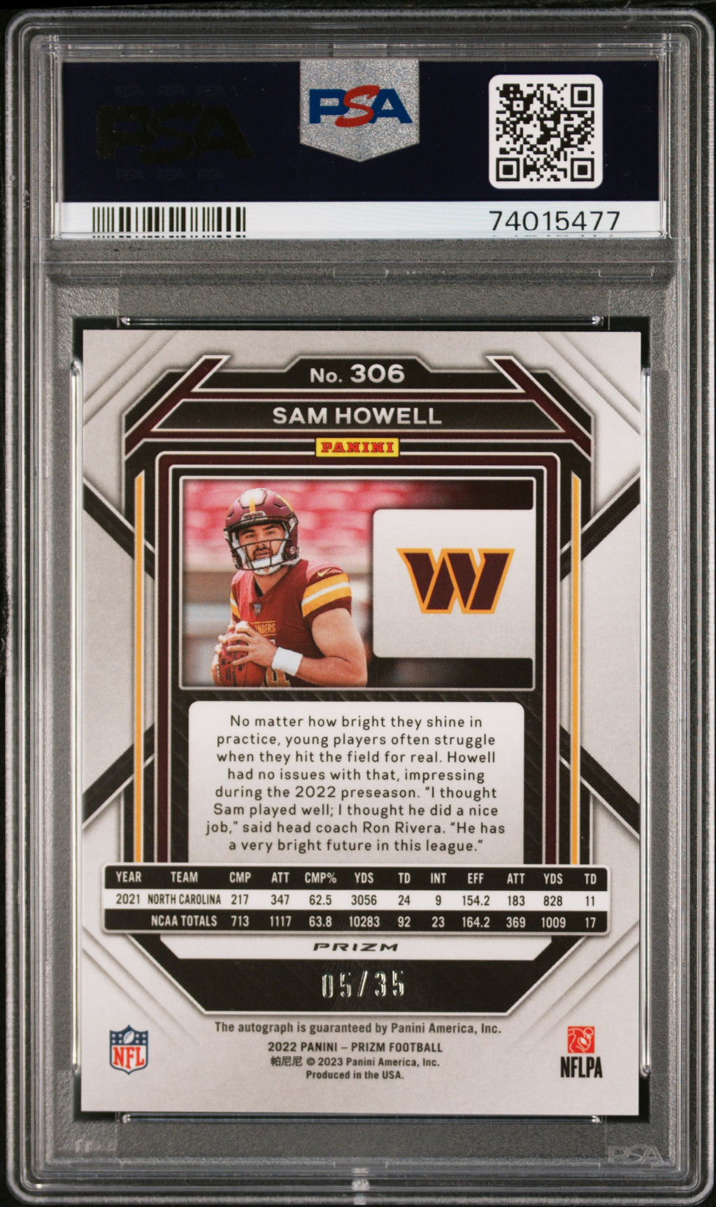2022 Panini Prizm Sam Howell #306 Autograph Red Shimmer PSA 10