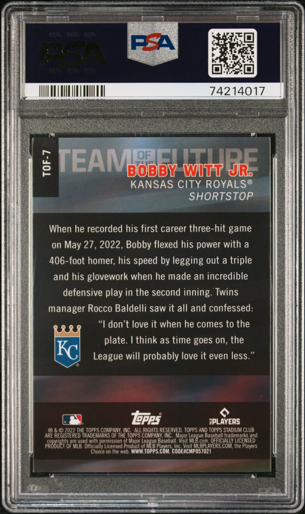 2022 Stadium Club Chrome Bobby Witt Jr. Rookie Team of the Future PSA 10 RC