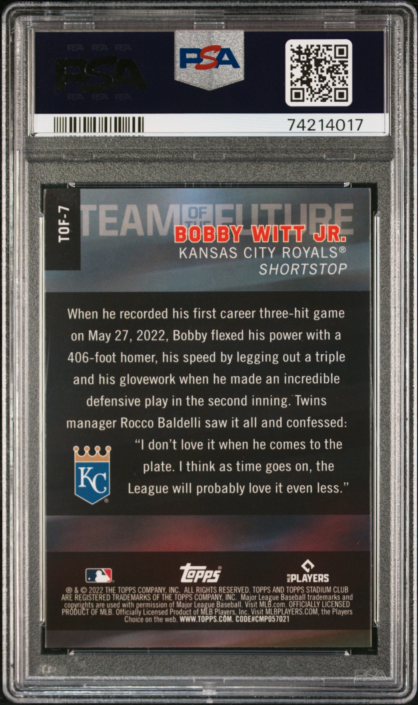 2022 Stadium Club Chrome Bobby Witt Jr. Rookie Team of the Future PSA 10 RC