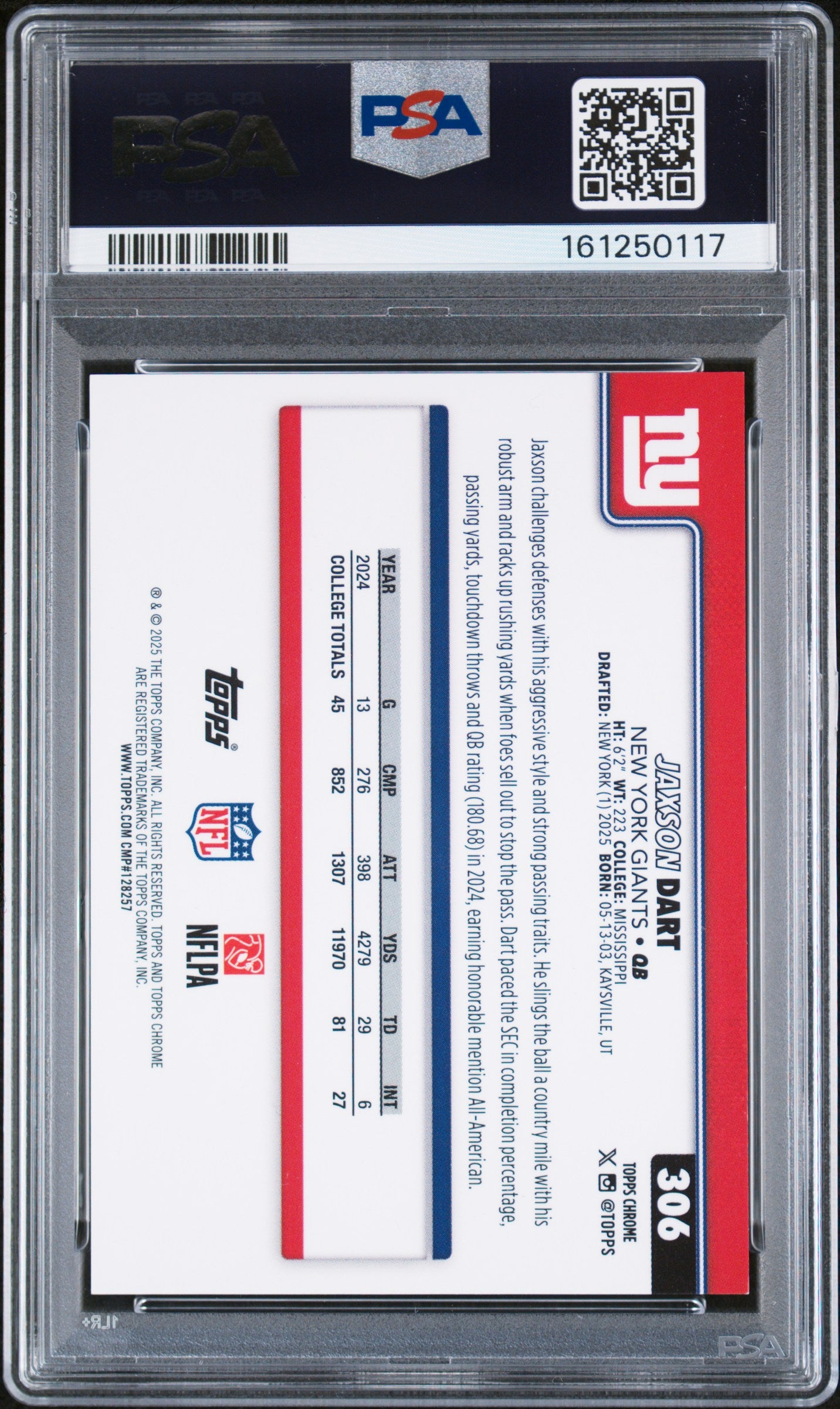 2025 Topps Chrome Jaxson Dart Rookie Gold Wave 49/50 PSA 9 RC