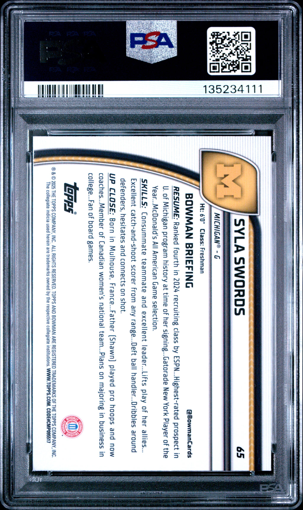 2024 Bowman Chrome University Syla Swords #65 Blue Refractor PSA 10