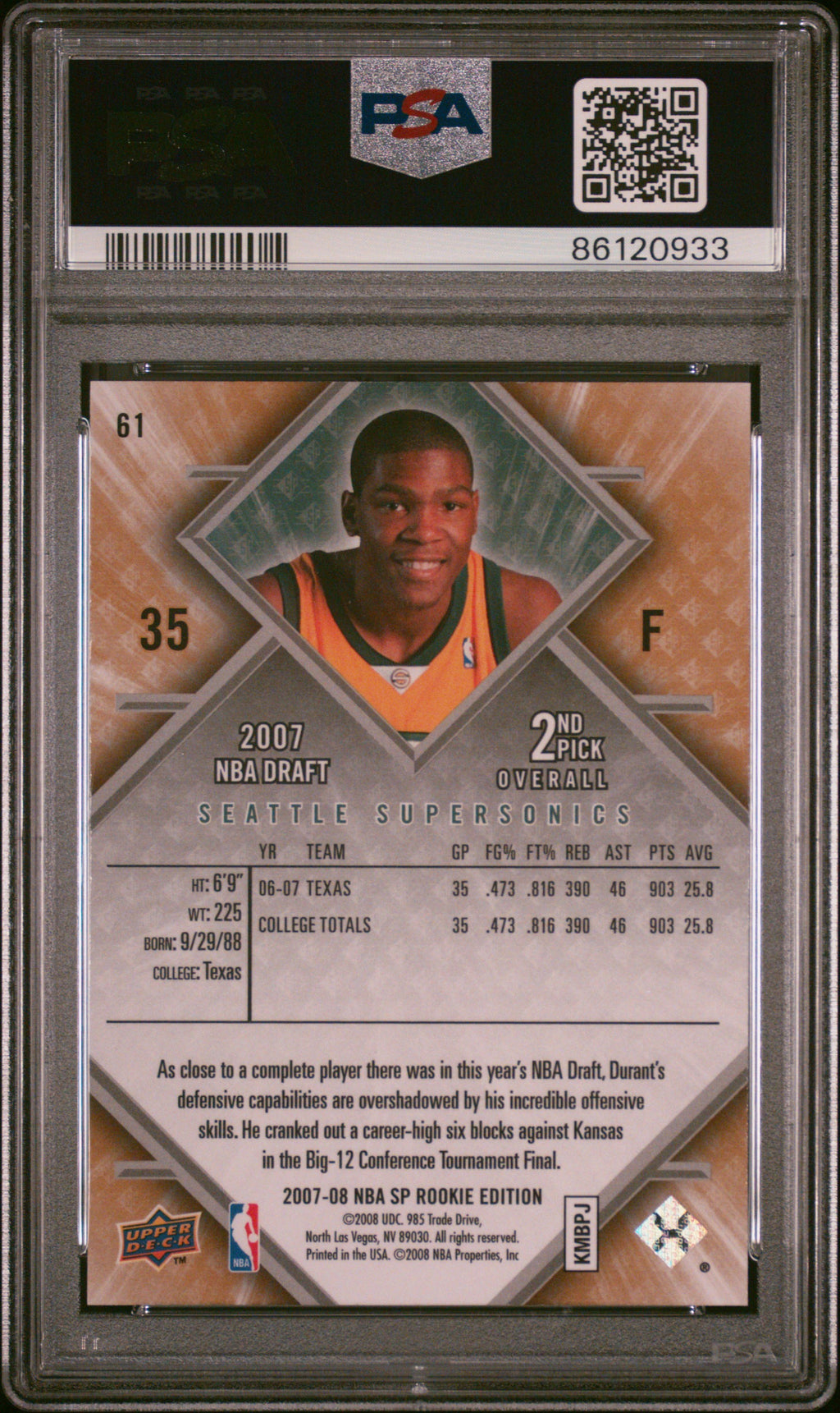 2007 SP Rookie Edition Kevin Durant #61 PSA 8
