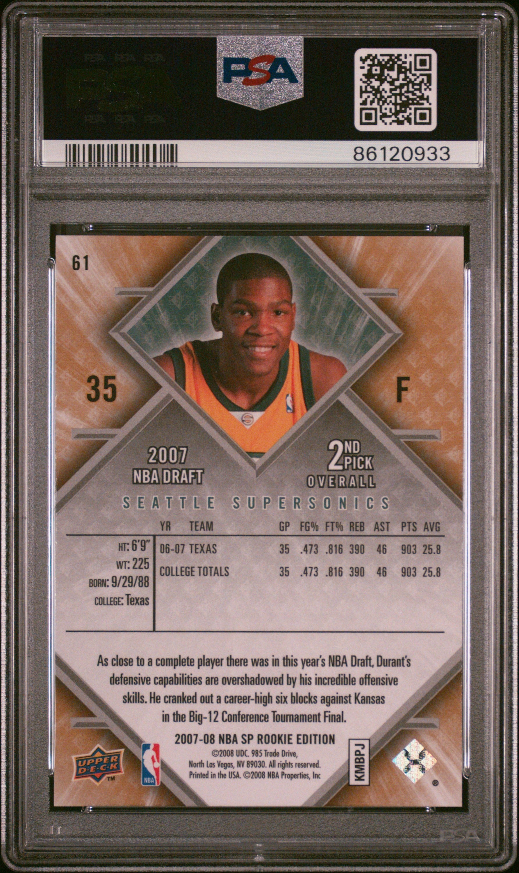 2007 SP Rookie Edition Kevin Durant #61 PSA 8