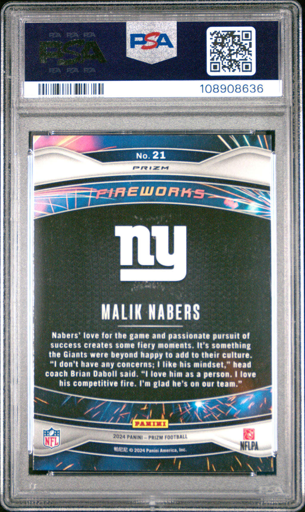 2024 Panini Prizm Fireworks Malik Nabers #21 No Huddle PSA 10