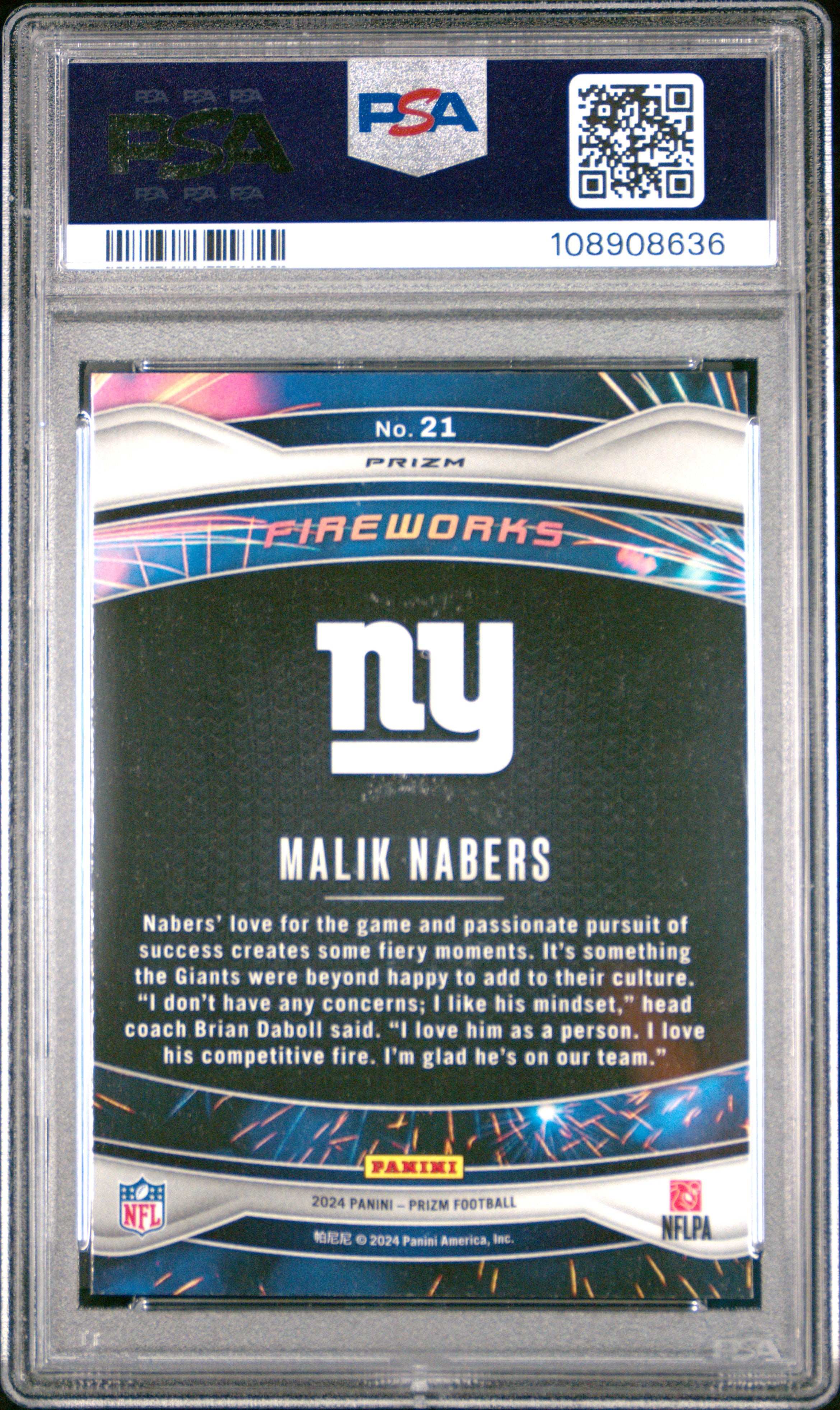 2024 Panini Prizm Fireworks Malik Nabers #21 No Huddle PSA 10