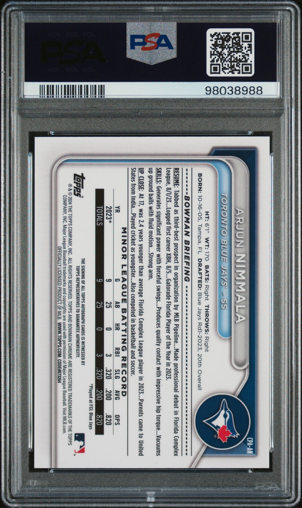 2024 Bowman Arjun Nimmala Chrome Auto PSA 9